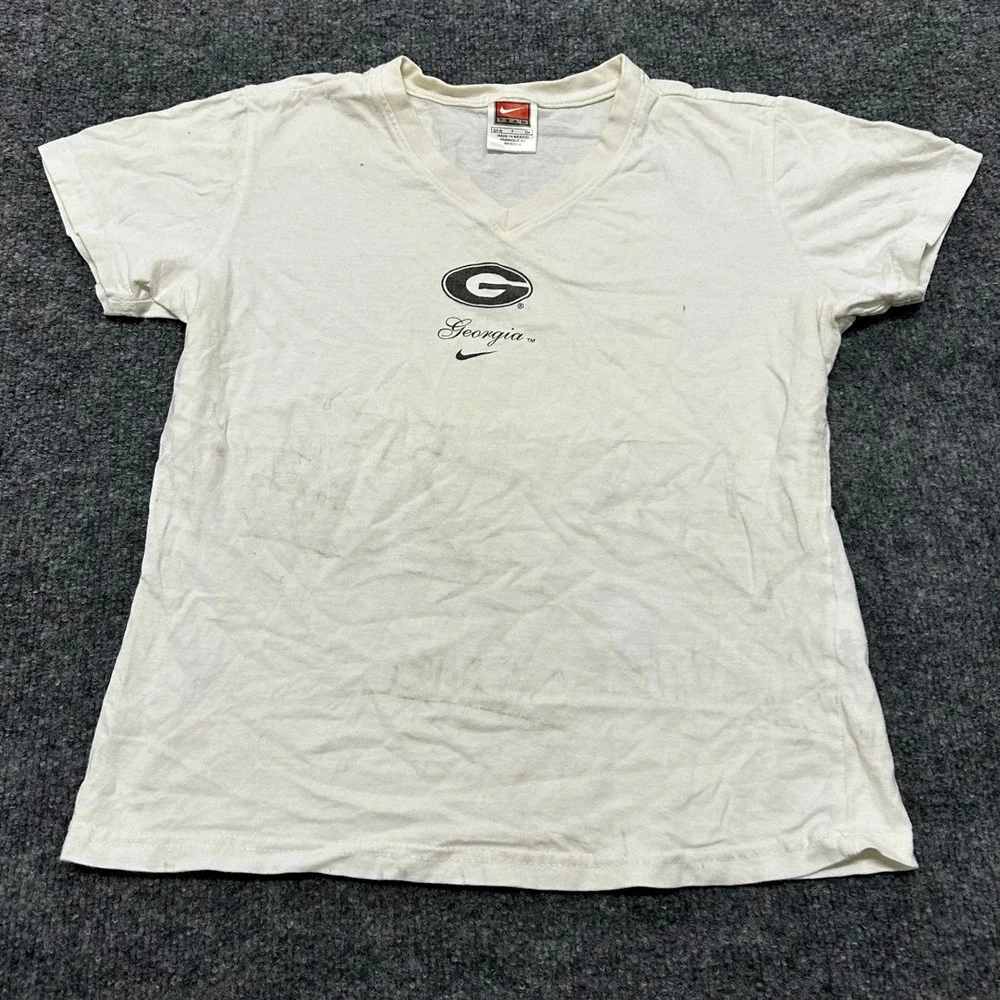 Nike T-Shirt Womens Size S White Georgia Bulldogs V-Neck Cotton Short Sleeve Tee